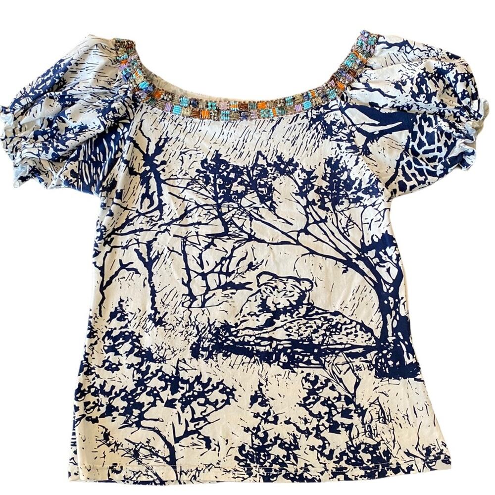 Haven blue embellishments balloon sleeve blouse sz small white blue print